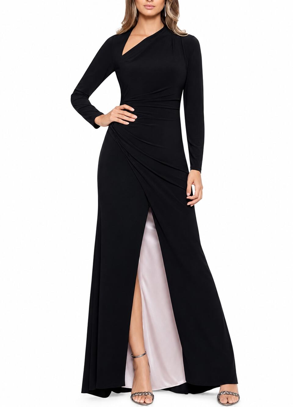 Betsy & Adam Long Sleeve Jersey Gown Asymmetric Ruched Slit Maxi Dress Formal